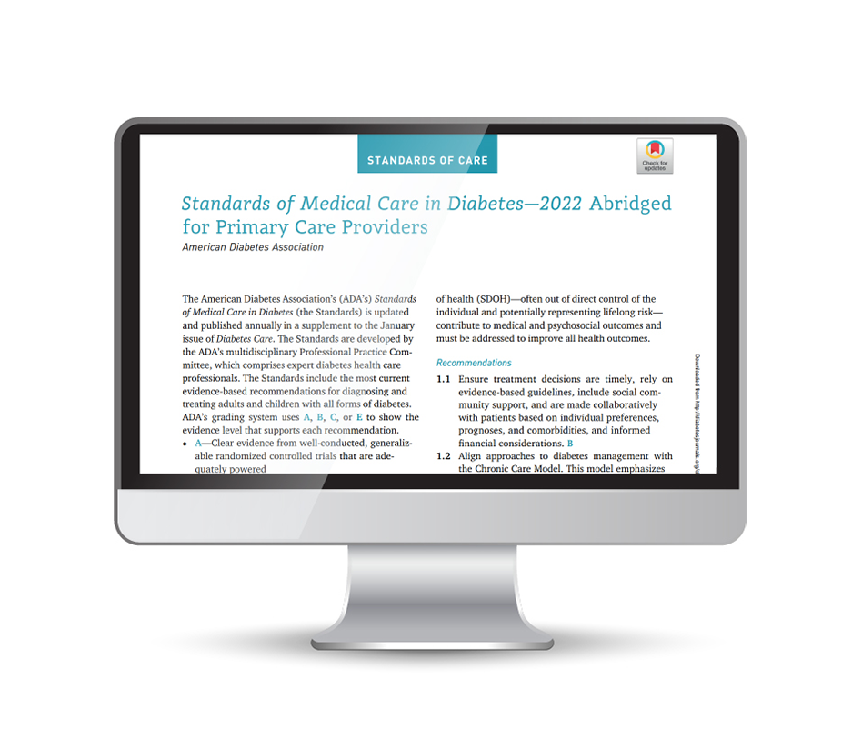 Standard of medical care in diabetes article inside a computer screen